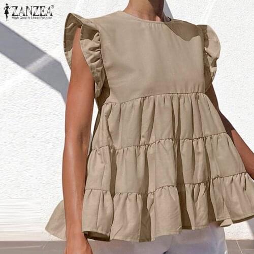 ZANZEA Fashion Summer Tanks Tops Women Sleeveless Blouse Elegant Ruffles Solid Shirt Female Casual Loose Blusas Tunic Oversized