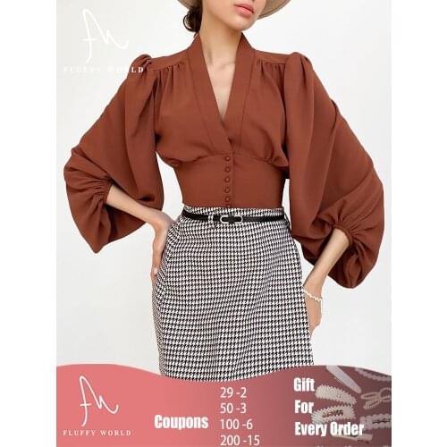Ladies Elegant Solid Color Blouse V Neck Lantern Long Sleeve Streetwear Crop Top Button Up Vintage Shirts Casual Clothing Autumn