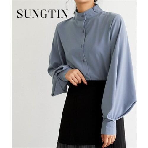 Sungtin Vintage Lantern Sleeve Blouse Women Office Lady Black White Chiffon Shirt High Quality Loose Solid Korean OL Casual Tops