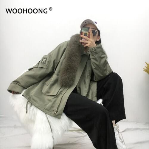 Real Fur Coat Rex Rabbit Liner Female Parka Coat Tooling Style Loose Oversize Casual Streetwear