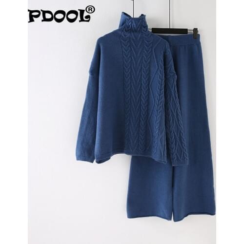 Womens Set 2021 New Style Turtleneck Winter Sweater Set Hemp Pattern Sweater Fashion Wide Leg Pants Two-piece Suit