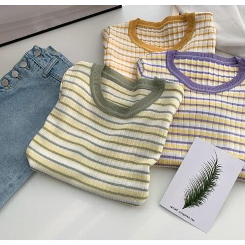 Fashion Casual Stripe Ice Silk Knitting Pullover 2021 Women Summer O-neck Thin Short Sleeve Slim Crop Tops
