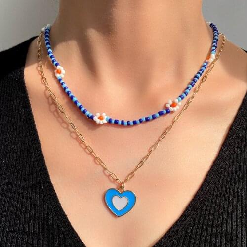 2 Pcs/Set Boho Blue Enamel Heart Pendant Flower Beaded Necklace Women Double Layered Acrylic Rice Bead Strand Metal Long Chain