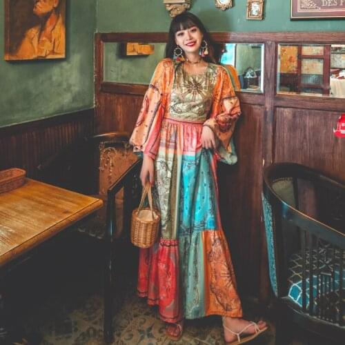 Vintage Elegant Flare Sleeve Color Hit Patchwork Maxi Dress Boho Fashion Casual Beach Vacation Vestidos Loose Women Clothes