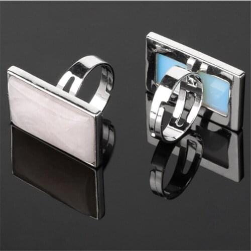 Natural Stone Rectangle Finger Rings Silver-Color Adjustable Ring Healing Crystal Pink Quartz Women Statement Jewelry