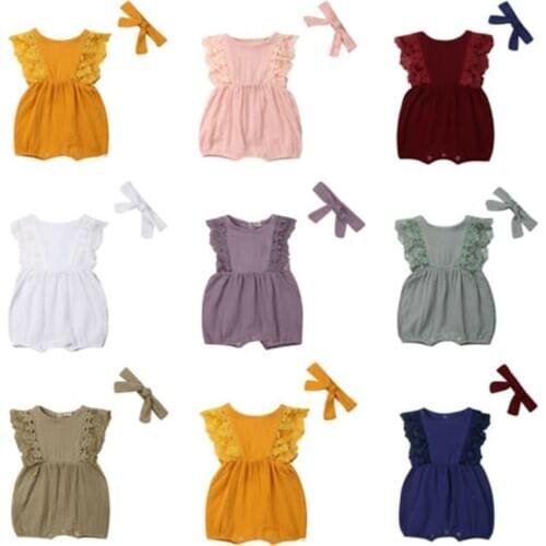 2020 Baby Girls Summer Clothes Cotton 9color Sleeveless Soild Lace Ruffle Romper Jumpsuit Headband Outfits Clothes 0-24M