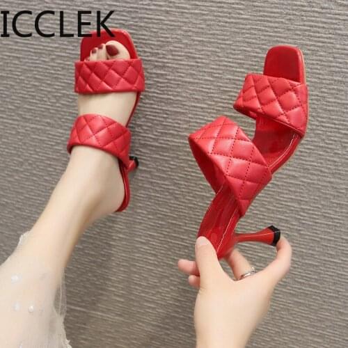 2020 Women Pumps Fashion Weave Slippers Ankle Strap Sandals Female Shoes Woman Thin High Heels Open Toe Lady Ladies Mules Shoes