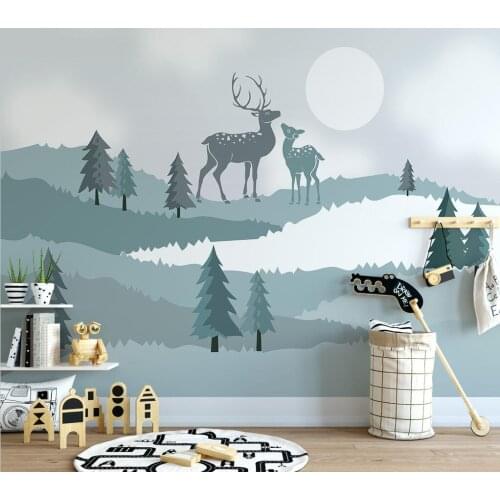 Beibehang Custom bedroom study decoration 3d wallpaper blue cute elk mountain scenery tree sunrise children room photo wallpaper