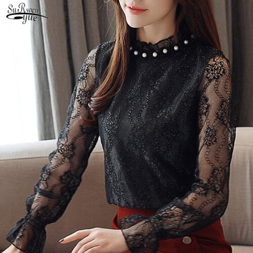 Autumn Women Tops and Blouse Elegant Long Sleeve Shirt Women Hollow Out Lace Blouse Korean Beading Clothes Chemisier Femme 10641