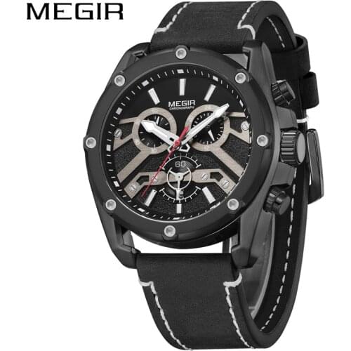 MEGIR Chronograph Sports Watches Men Fashion Top Brand Waterproof Leather Strap Quartz Wristwatches Clock Male Relogio Masculino