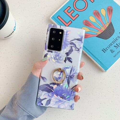 For Samsung Galaxy Note 20 Ultra S20 S10 E 9 8 Plus Note 10 A71 Plating IMD Gradient Floral Finger Ring Stand Case Cover Shell