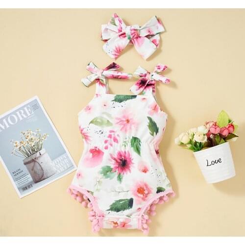 Baby Kids Infant Baby Girl Floral Tassel Romper 2Pcs Sunsuit Outfit Clothes Sets with Headband