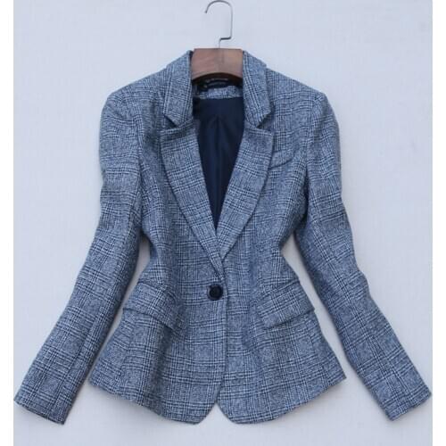 Must Have Autumn Winter Grey Plaids Elegant Blazer Office Lady Popular British Style Woolen Suit Jacket
