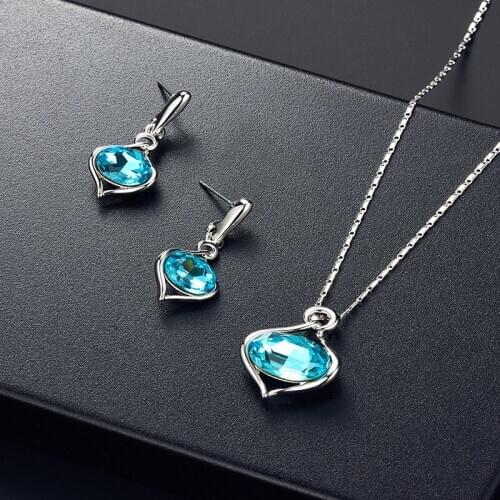 Cute Romantic Rhinestone Inlaid Hollow Metal Heart Love Pendent Earrings Necklace Set Korean Jewelry Sets for Women Girls Gift