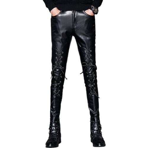 2021 Mens Fashion Stage Performance Leather Pants Youth Winter New Threading Slim Fit Skinny Leather Pants