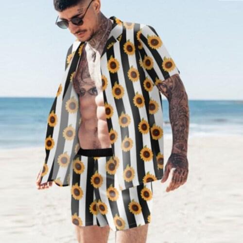 Mens Summer Casual Hawaiian Style Beach Suit Printed Shorts Cardigan Lapel Short-Sleeved Shirt 2 Pieces