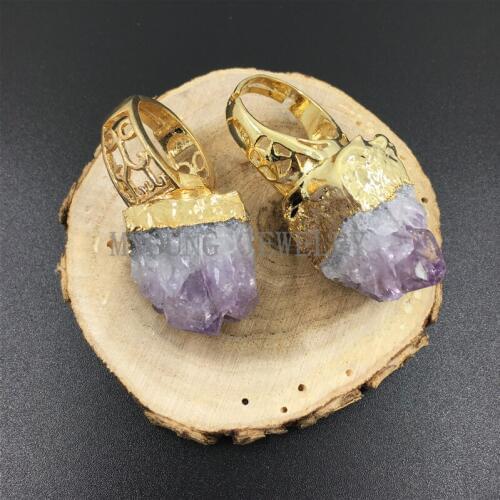 MY0978 Purple Crystal Quartz Rings Charm Amethysts Hollow Base Gold Color Metal Rings Jewelry for women