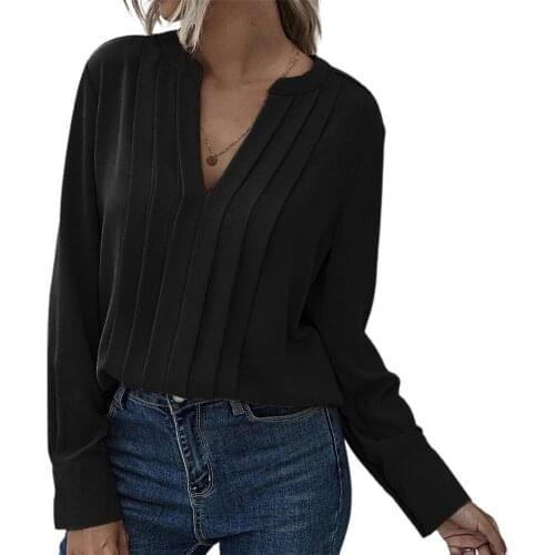 Solid Color Womens Pleated shirts for women fashion 2021 Long Sleeve V-neck Loose Shirt for Office Elegant Female Tops Pink xl