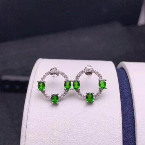 Luxury personality Circle Natural gemstone earrings stud earrings 925 silver natural green diopside earrings women gift jewelry