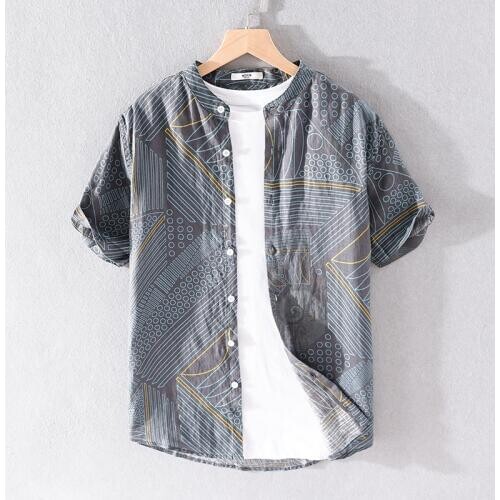 100% Linen short-sleeved linen shirt men brand summer stand collar breathable shirts for men casual fashion shirt mens chemise