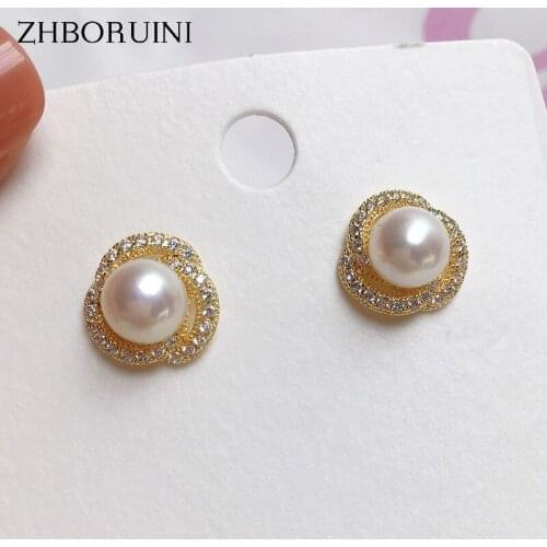ZHBORUINI 2021 Fine Pearl Earrings Gold Stud Earring AAA Zircon Mosaic 925 Sterling Silver For Women Real Natural Pearl Jewelry