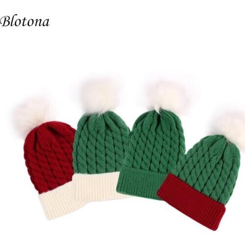Blotona Toddler Baby Christmas Beanie Cap, Classic Color Block Winter Warm Crochet Knitted Hat for Boys and Girls 0-3Years