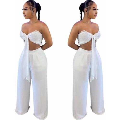 Chiffon Ruffles Lace Up Navel Sexy Fashion 2 Piece Set Women Strapless Loose Pleated Two Piece Outfits Woman Wide Leg Pant Suits