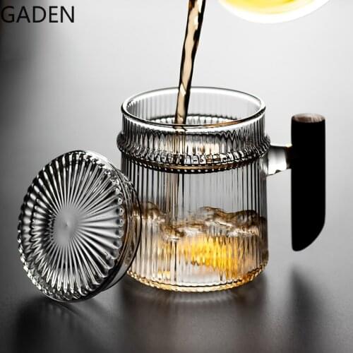 Glass Cup with Wooden Handle Filter Tea Cup Household Tea Cup High Temperature Resistant Transparent with Flower Tea Water Cup
