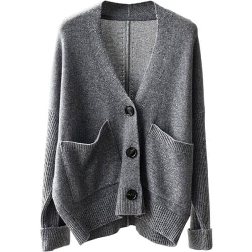 Vintage Pockets Knitted Cardigan Women Single Breasted Solid V-Neck Oversized Knitted Cardigan Korean Fashion Woman Top