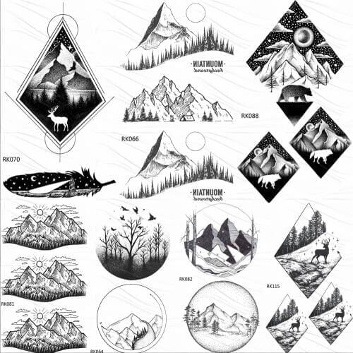 OMMGO Black Mountain Forest Black Feather Temporary Tattoos For Women Sticker Tree Triangle Tattoo Sheets Body Art Fake Tatoos
