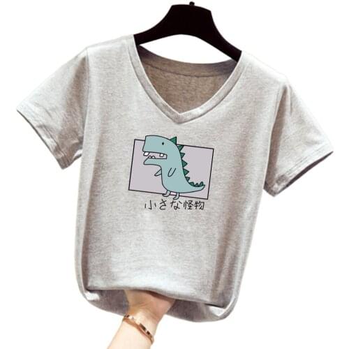 Korean Summer Dinosaur Print Women T-Shirt Harajuku V-neck Casual Kawaii Short Sleeve Fashion Womens Cotton T-Shirt Streetwear