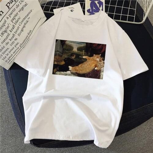 Womens T-shirt 90s Ulzzang Harajuku Graphic Funny Cat oil painting Print T-shirt O Neck Casual Womens Top T-shirt