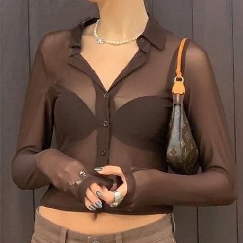 Women Summer Autumn Solid Color Shirt Tops Ladies Long Sleeve Lapel Button See-Through Shirt for Vacation Party Dating Shopping