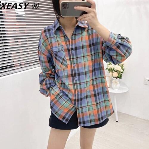 XEASY 2021 Women Autumn Retro check Shirt Vintage Single-Breasted Loose Blouse Female British Style Lattice Casual Street Top