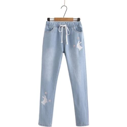 Fleece Women Jeans Pants Korean Cute Cartoon Sakura Rabbit Embroidery Casual Elastic Waist Pockets Warm Denim Pants 2011051