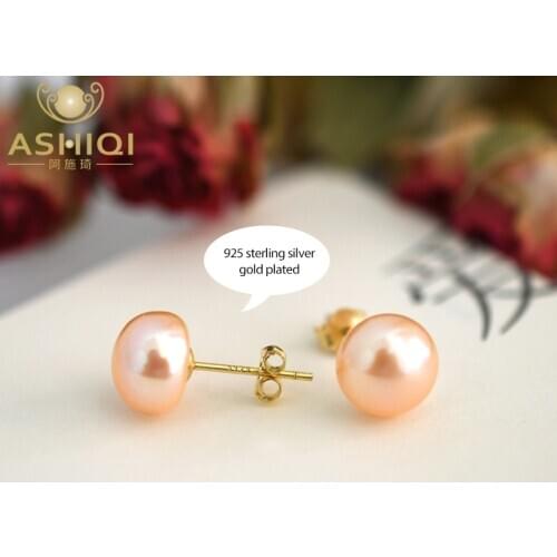 ASHIQI Real Natural Freshwater Pearl Stud Earrings 925 Sterling Silver With Gold Jewelry For Women Gifts