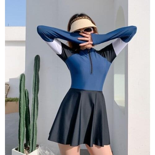 Swimsuit Womens Boxer Conservative Slimming Sports Girl Fresh Student Conservative Long-Sleeved Zipper Sunscreen Swimming Suit