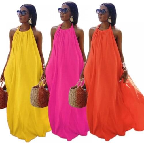 2021 Spring and Summer Hot Style Sexy Solid Color Halter Neck Sleeveless Suspender Dress Long Skirt