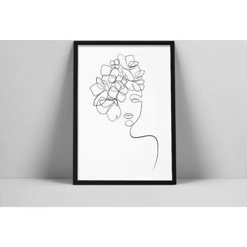 Female face flowers art, Woman one line drawing, Abstract woman print, Flowers wall art, Minimalist silhouette girl, Elegant ske