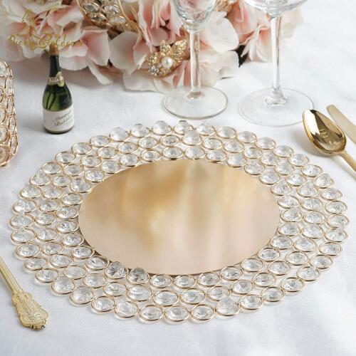 10pcs/lot 30cm Gold/Silver Crystal Metal Charger Dishes/Plates with 3 Layers Beaded for Wedding Table Home decoration