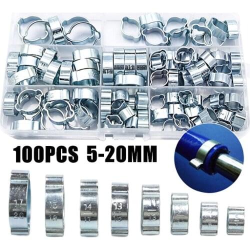 100PCS Hose Clamp Double Ears Clamp 5-20mm Worm Drive Fuel Water Hose Pipe Clamps Clips Hose Fuel Clamps Kit