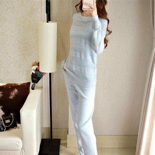 2020 O-neck Drawstring New Arrival Real Wool Full Winter Cashmere Sweatre Suit High-end Sexy Hollow Knitting Two-piece Pants