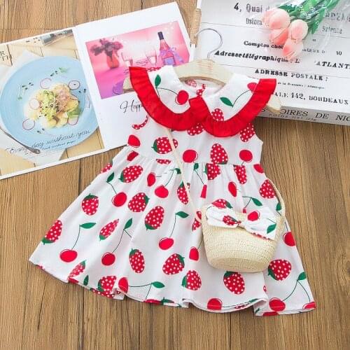 2021 Sweet Summer Kids Dresses for Girls 2 Pcs Sets Strawberry Print Peter Pan Collar Sleeveless Girls Dress Kids Clothes 0-4Y