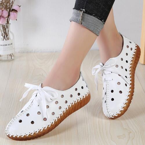 White Flat shoes women genuine leather loafers lace-up Hollow casual shoes fashion soft walking shoes sapatos feminino