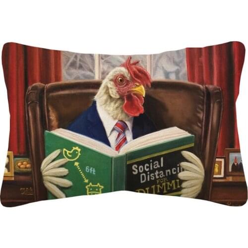 Hand Painting Rooster Reading at Desk Cushion Cover Decorative Linen Lumbar Pillow Case