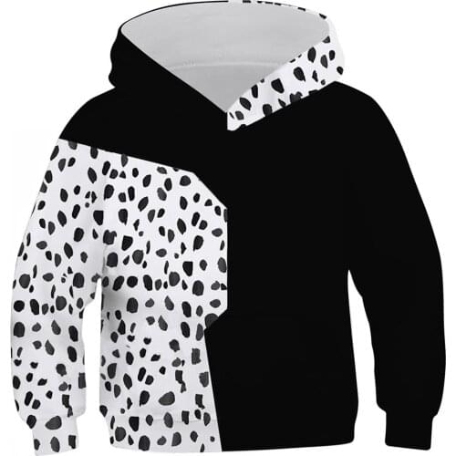 Children Cruella Cosplay Hoodie Black White Spots 3D Printed Hooded Sweatshirt Kids Casual Streetwear Pullover Coat