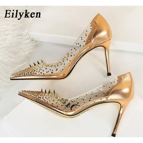 Eilyken 2021 New Gold Silver Black PVC Transparent Rivet Diamond Pumps Sandals Heel Pointed Toe Silver Wedding Party Pumps shoes