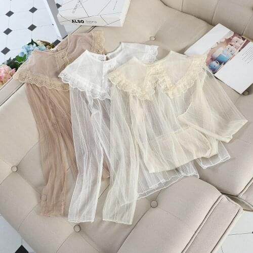 Elegant Women Embroidery Lace Flower Pullover Striped Voile Tulle Basic Shirts Vintage Peter Pan Collar Mesh Gauze Blouse Tops