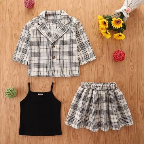 3Pcs Little Girls Outfit Clothes Kid Child Plaid Long Sleeve Lapel Suit Tops Short Bust Skirt Camisole Childrens Clothing
