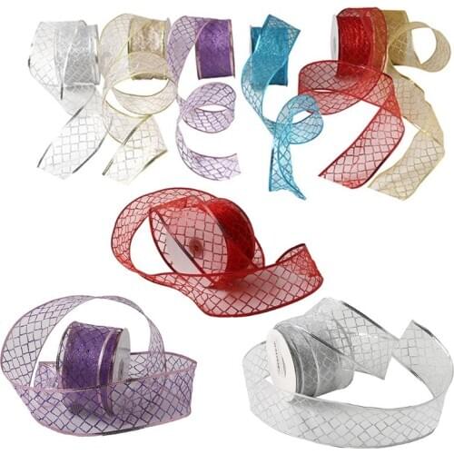 50 Yards/roll Lattice Glitter Sheer Wired Organza Christmas Ribbon Webbing for Wedding Party Xmas Tree Decoration DIY Craft